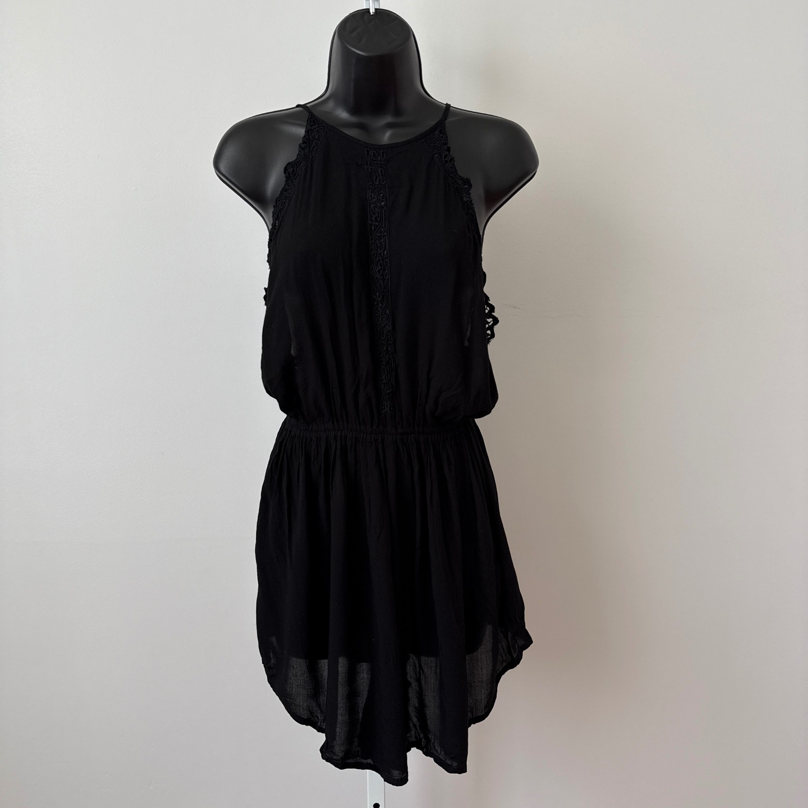 Free People Medium Black Romper Halter Neck Embroidered Gauze Boho Festival
